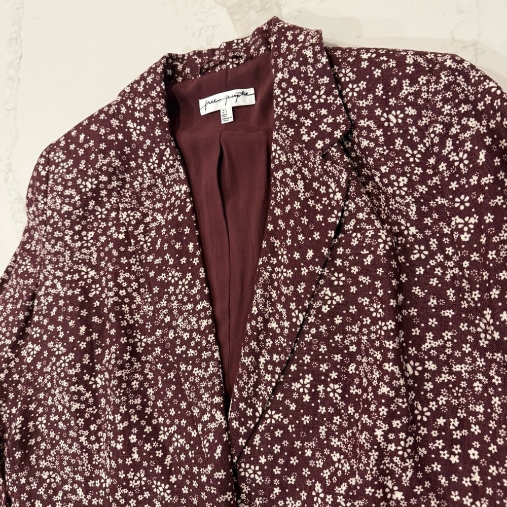 Free People Maggie Floral Linen Blazer Jacket Women’s 6 Burgundy Boho Corpcore - Picture 6 of 11